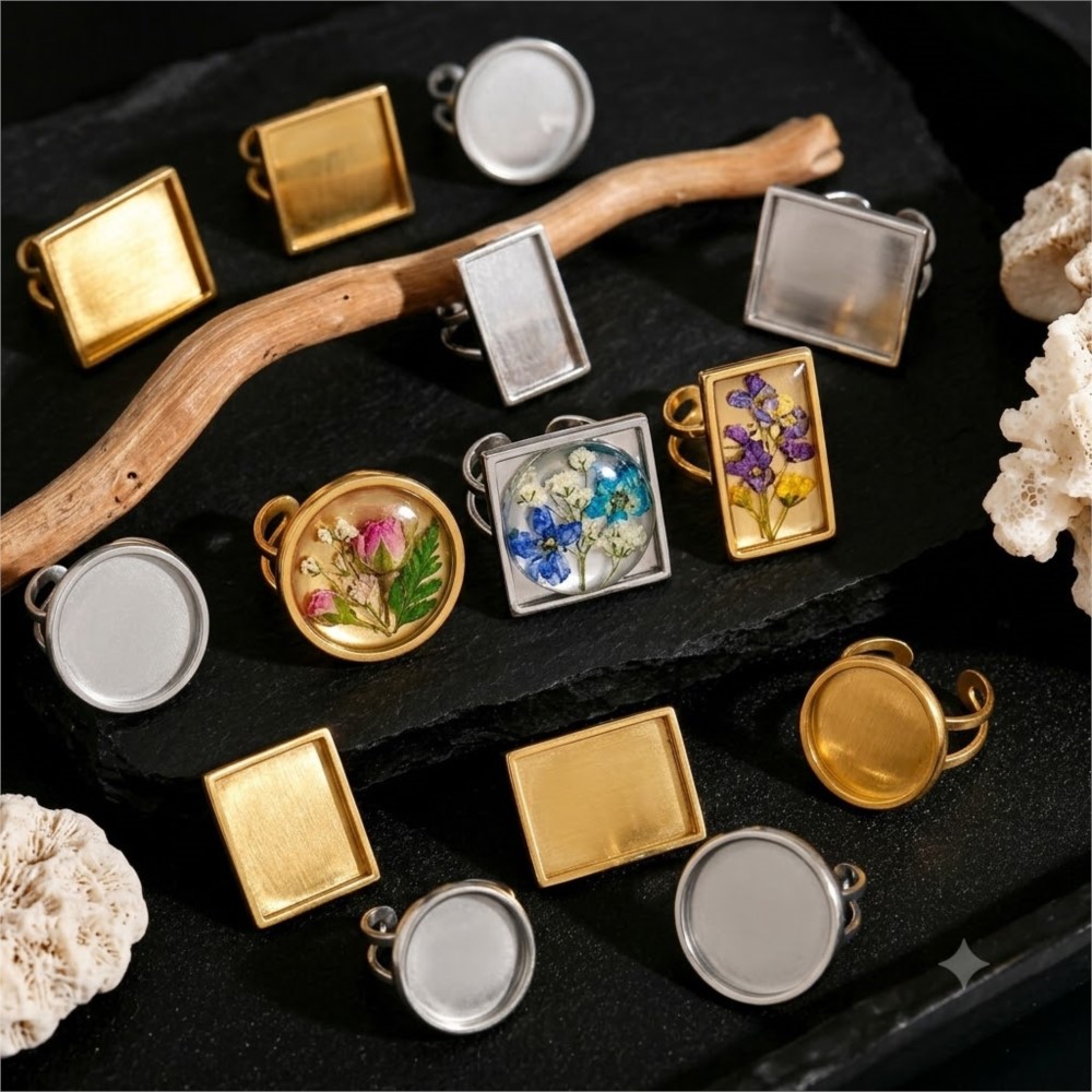 Jewelry Making Resin - 2個入り ステンレス製 スクエア型 フラットブランクベース オープンアジャスタブルリング セッティング