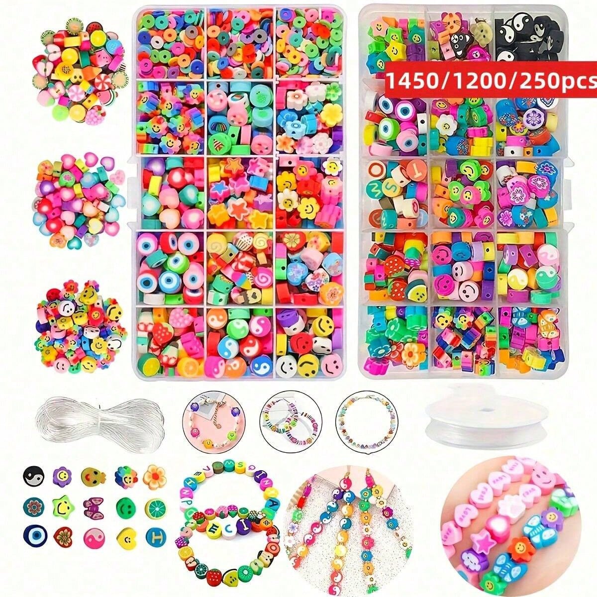 Jewelry Making Set - 1450/1200/250個入りポリマークレイビーズセット、ボックス、ゴム紐束、DIYジュエリー製作、イヤリング、ブレスレット、ネックレス
