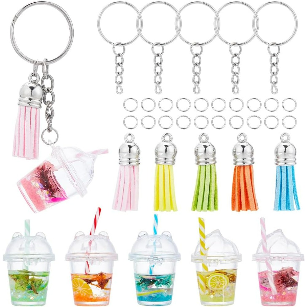 Jewelry Making Set - ジュエリー作り用のバブルティーキーホルダーキット,バブルチャーム,ミニミルクフルーツ,DIY, 5セット,35個